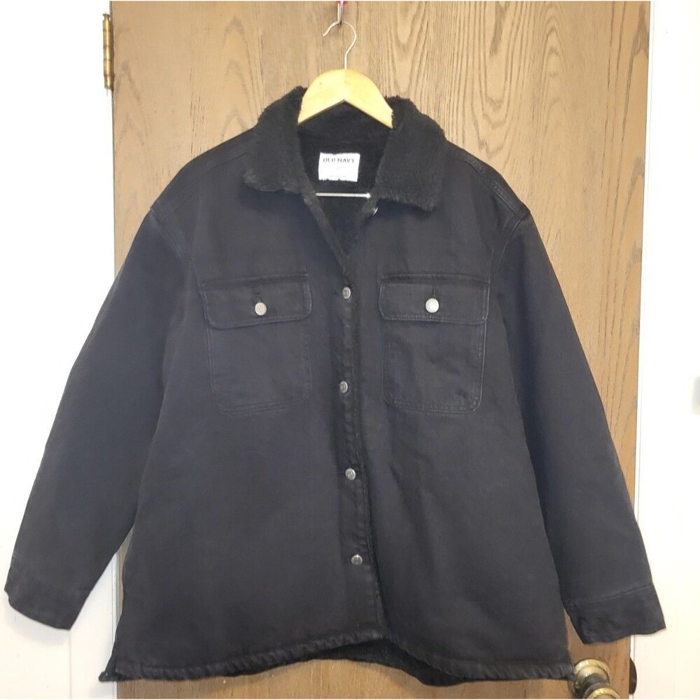 Old Navy Sherpa Lined Black Wash Denim Jean Jacket Coat Shacket Women Size XL